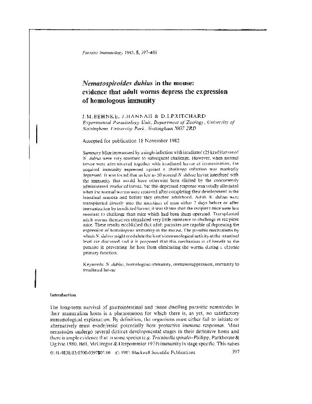 Nematospiroides dubius in the mouse: evidence that adult worms depress the expression of homologous immunity Thumbnail