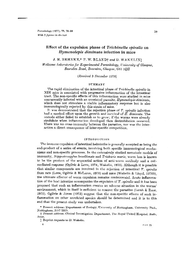 Effect of the expulsion phase of Trichinella spiralis on Hymenolepis diminuta infection in mice Thumbnail