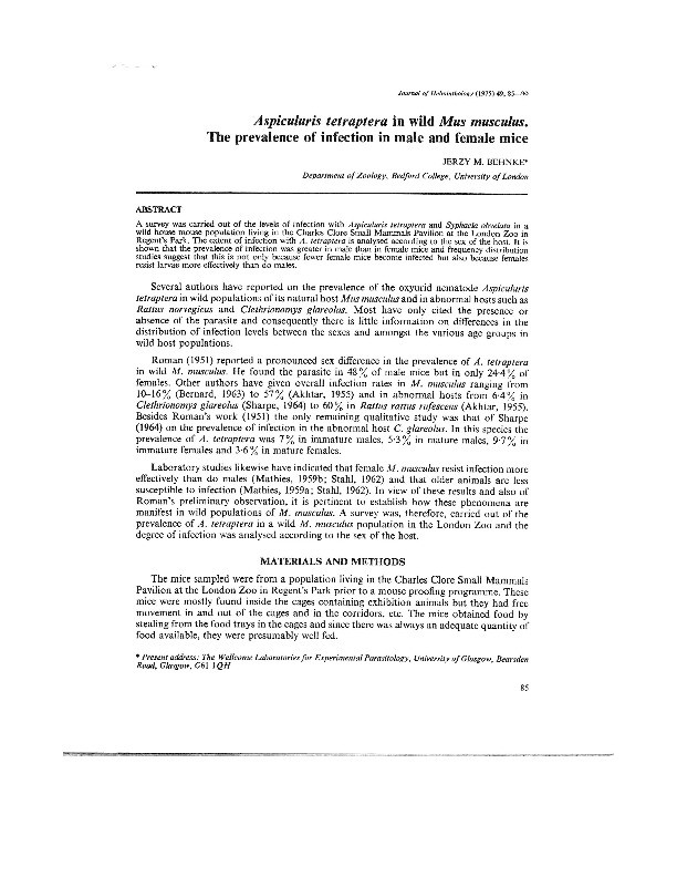 Aspiculuris tetraptera in wild Mus musculus: the prevalence of infection in male and female mice Thumbnail