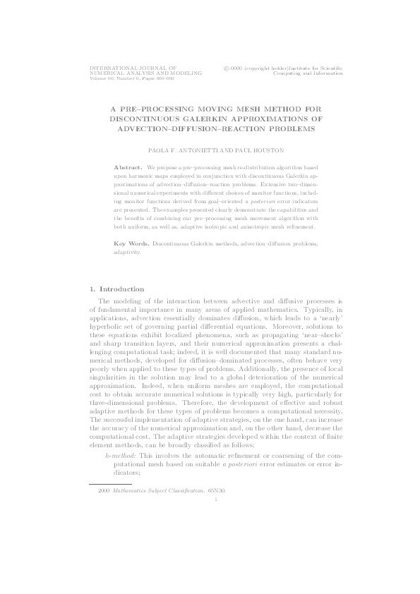 A Pre-processing Moving Mesh Method for Discontinuous Galerkin Approximations of Advection-Diffusion-Reaction Problems Thumbnail