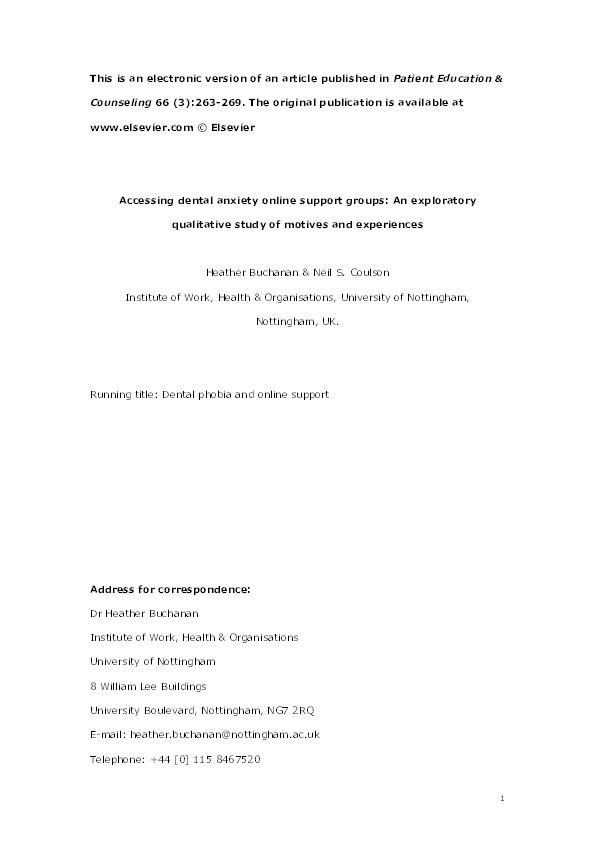 Accessing dental anxiety online support groups: An exploratory qualitative study of motives and experiences Thumbnail