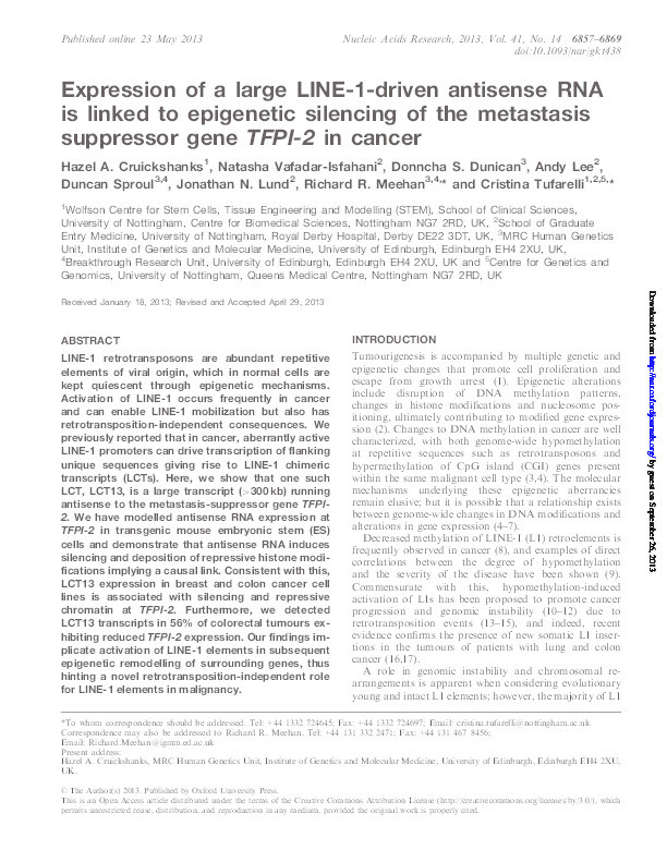 Expression of a large LINE-1-driven antisense RNA is linked to epigenetic silencing of the metastasis suppressor gene TFPI-2 in cancer Thumbnail