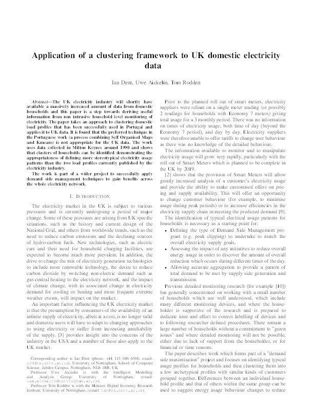 Application of a clustering framework to UK domestic electricity data Thumbnail