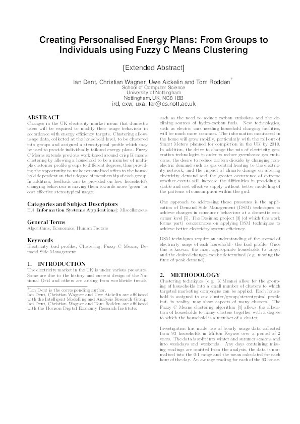 Creating personalised energy plans: from groups to individuals using Fuzzy C Means Clustering Thumbnail