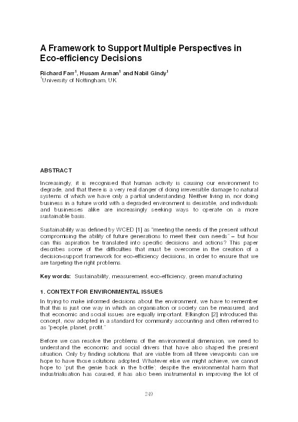 A framework to support multiple perspectives in eco-efficiency decisions Thumbnail