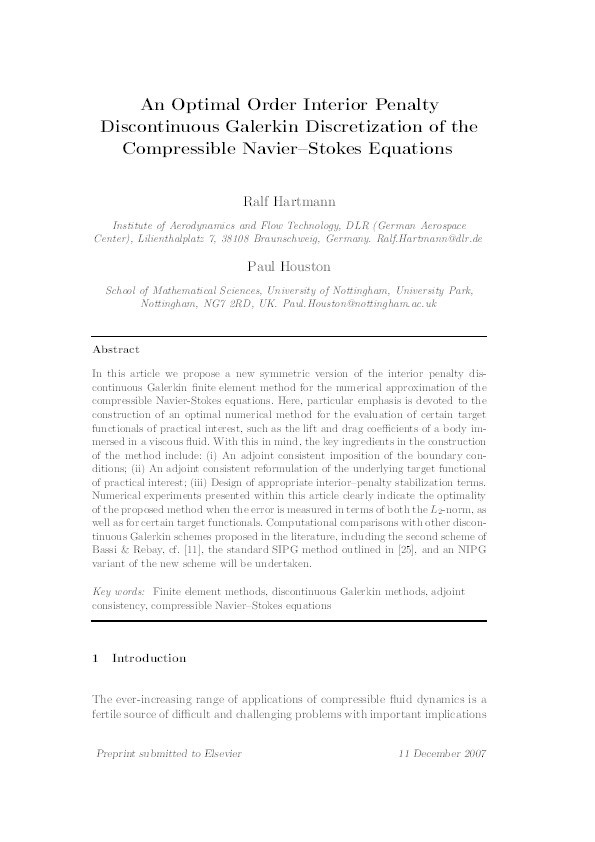 An Optimal Order Interior Penalty Discontinuous Galerkin Discretization of the Compressible Navier-Stokes Equations Thumbnail