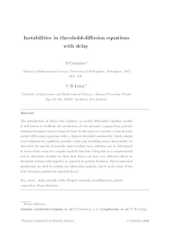 Instabilities in threshold-diffusion equations with delay Thumbnail