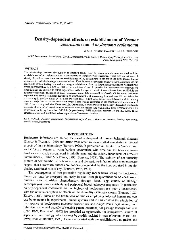 Density-dependent effects on establishment of Necator americanus and Ancylostoma ceylanicum Thumbnail
