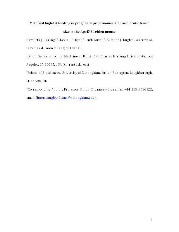 Maternal high-fat feeding in pregnancy programmes atherosclerotic lesion size in the ApoE*3 Leiden mouse Thumbnail