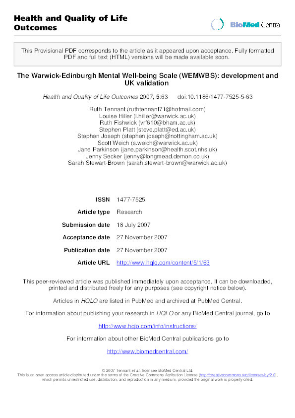 The Warwick-Edinburgh Mental Well-Being Scale Thumbnail