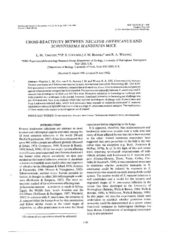 Cross-reactivity between Necator americanus and Schistosoma mansoni in mice Thumbnail