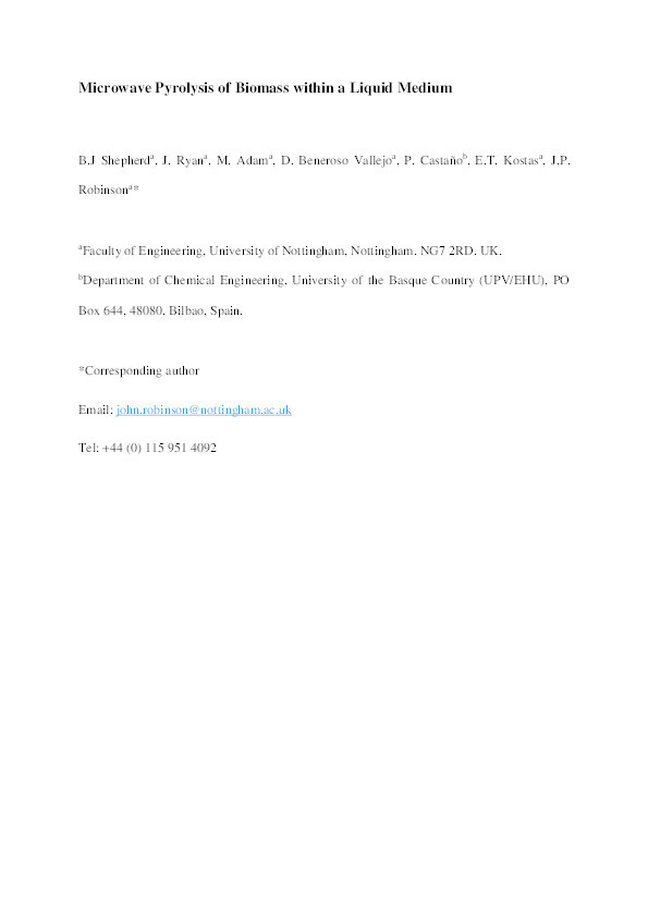 Microwave pyrolysis of biomass within a liquid medium Thumbnail