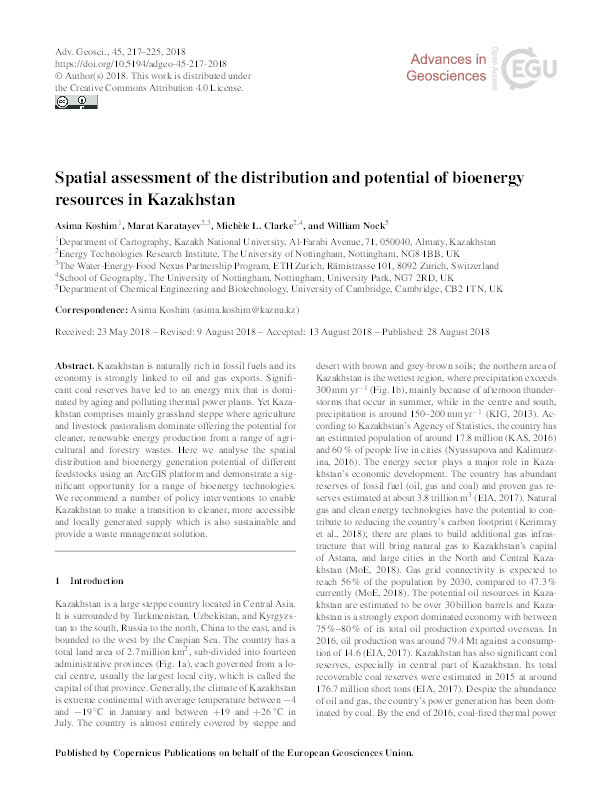 Spatial assessment of the distribution and potential of bioenergy resources in Kazakhstan Thumbnail