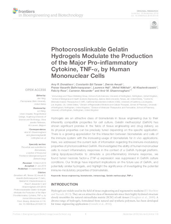 Photocrosslinkable gelatin hydrogels modulate the production of the major pro-inflammatory cytokine, TNF-α, by human mononuclear cells Thumbnail