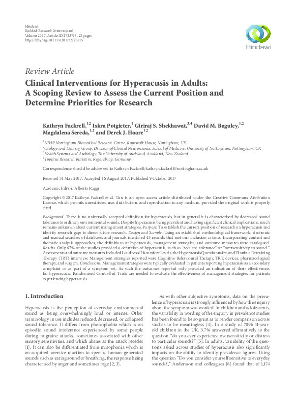 Clinical interventions for hyperacusis in adults: a scoping review to assess the current position and determine priorities for research Thumbnail