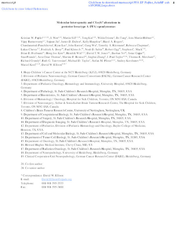 Molecular heterogeneity and CXorf67 alterations in posterior fossa group A (PFA) ependymomas Thumbnail