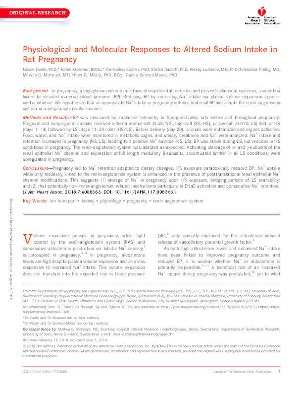 Physiological and Molecular Responses to Altered Sodium Intake in Rat Pregnancy Thumbnail