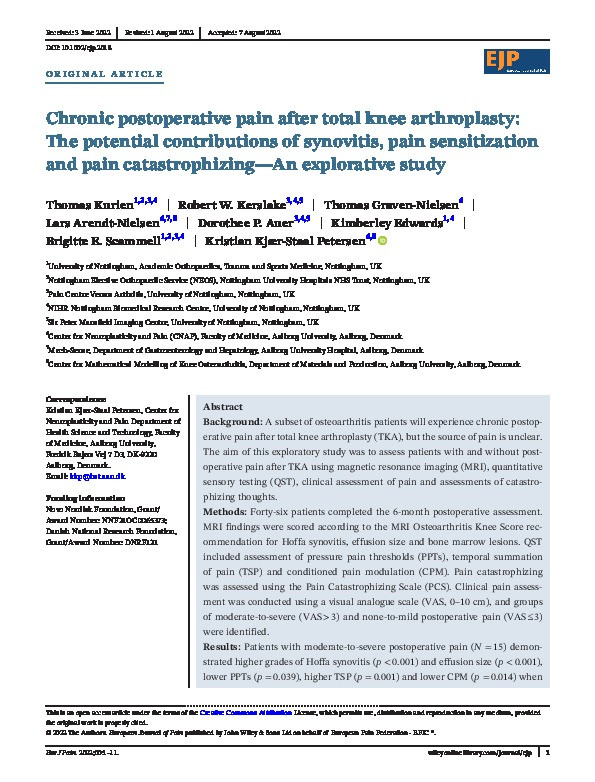 Chronic postoperative pain after total knee arthroplasty: The potential contributions of synovitis, pain sensitization and pain catastrophizing—An explorative study Thumbnail
