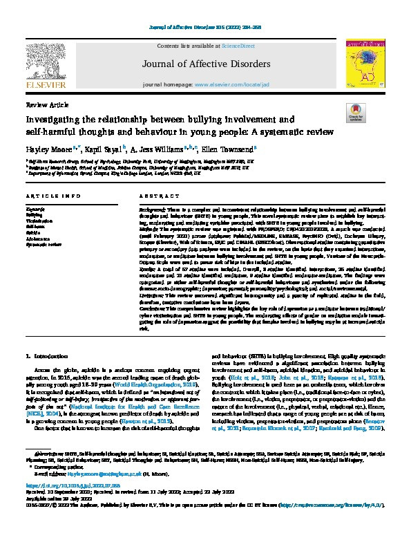 Investigating the relationship between bullying involvement and self-harmful thoughts and behaviour in young people: A systematic review Thumbnail