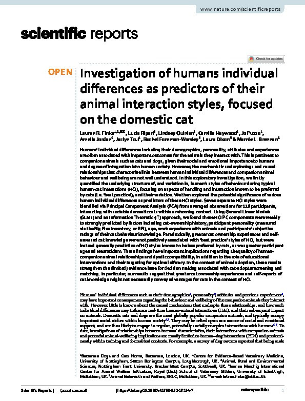 Investigation of humans individual differences as predictors of their animal interaction styles, focused on the domestic cat Thumbnail