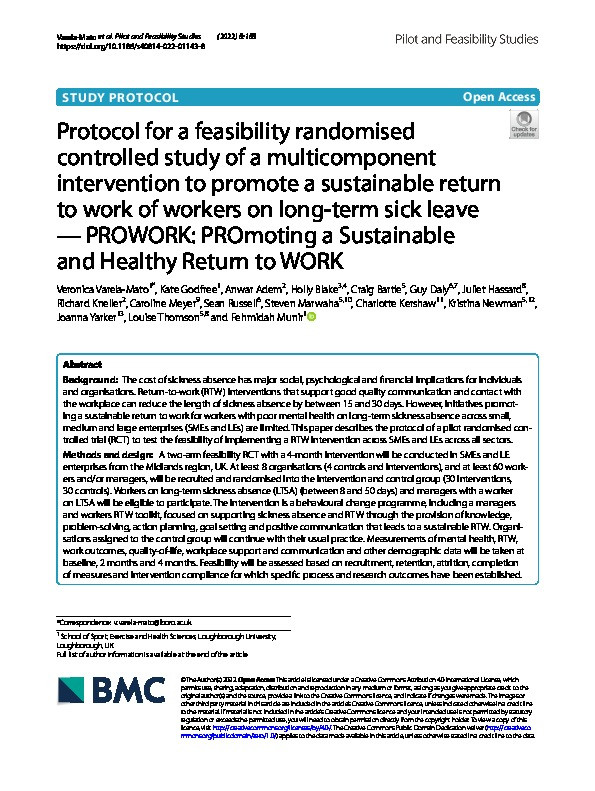 Protocol for a feasibility randomised controlled study of a multicomponent intervention to promote a sustainable return to work of workers on long-term sick leave — PROWORK: PROmoting a Sustainable and Healthy Return to WORK Thumbnail