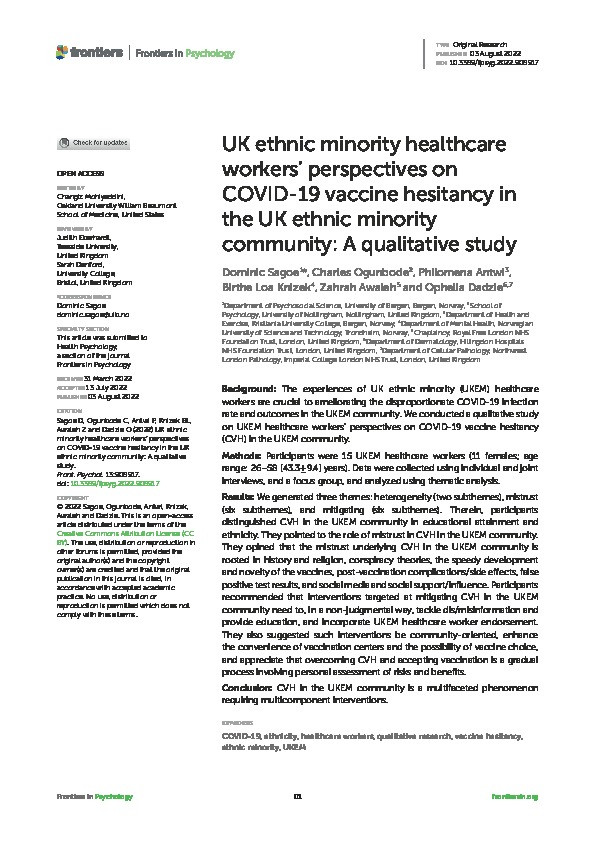 UK ethnic minority healthcare workers’ perspectives on COVID-19 vaccine hesitancy in the UK ethnic minority community: A qualitative study Thumbnail