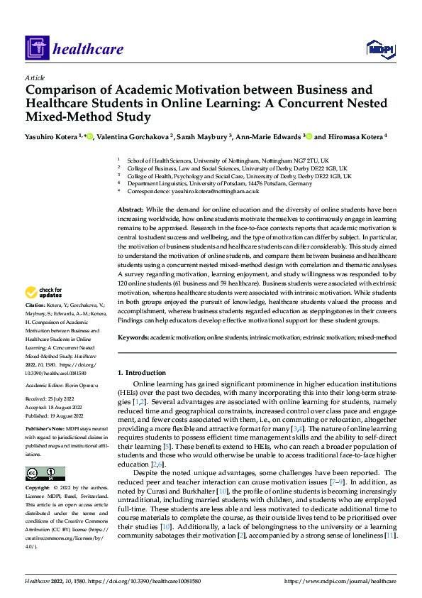 Comparison of Academic Motivation between Business and Healthcare Students in Online Learning: A Concurrent Nested Mixed-Method Study Thumbnail