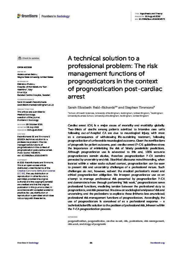 A technical solution to a professional problem: The risk management functions of prognosticators in the context of prognostication post-cardiac arrest Thumbnail