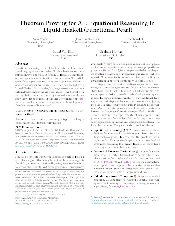 Theorem proving for all: equational reasoning in liquid Haskell (functional pearl) Thumbnail