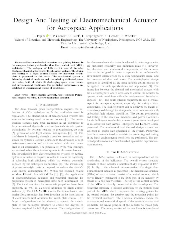 Design and testing of electromechanical actuator for aerospace applications Thumbnail