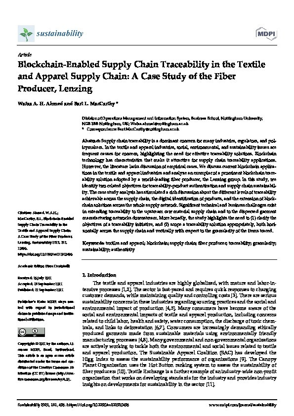 Blockchain-enabled supply chain traceability in the textile and apparel supply chain: A case study of the fiber producer, lenzing Thumbnail