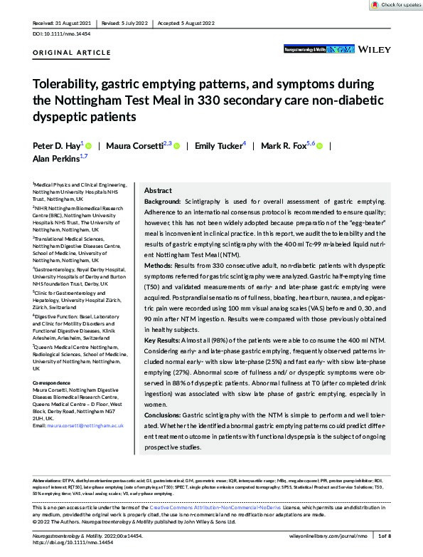 Tolerability, gastric emptying patterns, and symptoms during the Nottingham Test Meal in 330 secondary care non‐diabetic dyspeptic patients Thumbnail