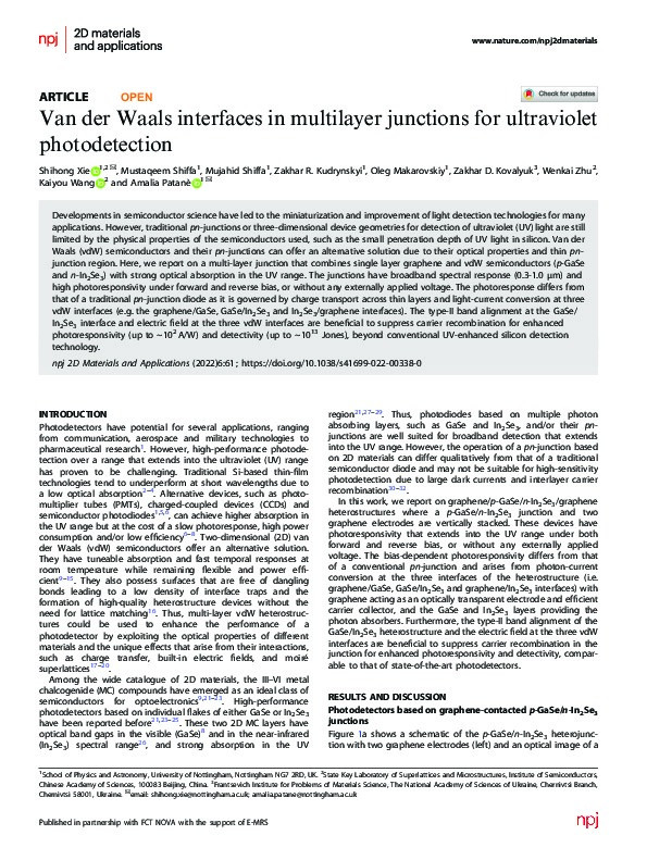 Van der Waals interfaces in multilayer junctions for ultraviolet photodetection Thumbnail