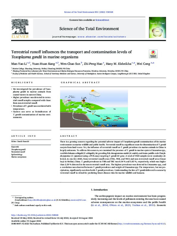 Terrestrial runoff influences the transport and contamination levels of Toxoplasma gondii in marine organisms Thumbnail