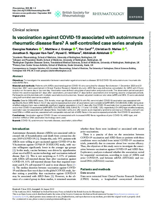 Is vaccination against COVID-19 associated with autoimmune rheumatic disease flare? A self-controlled case series analysis Thumbnail