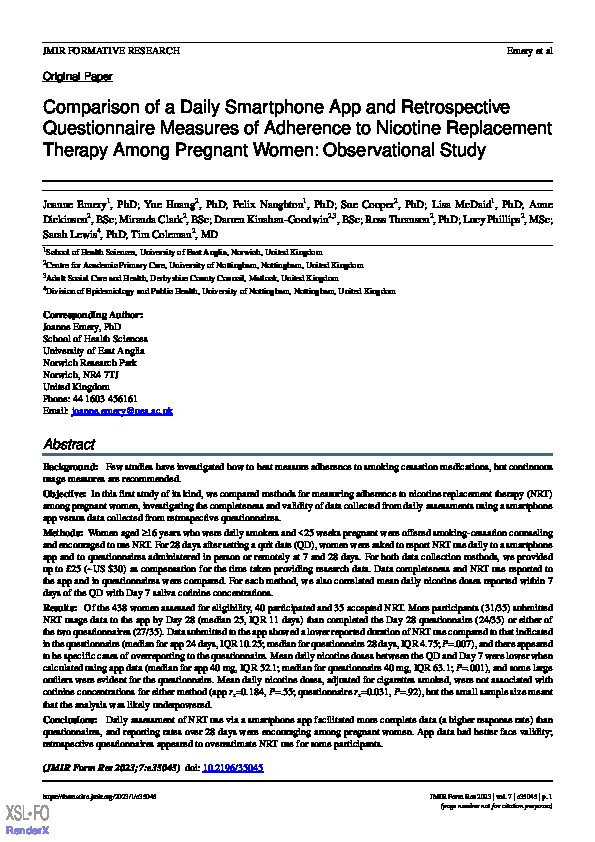 Comparison of a Daily Smartphone App and Retrospective Questionnaire Measures of Adherence to Nicotine Replacement Therapy Among Pregnant Women: Observational Study Thumbnail