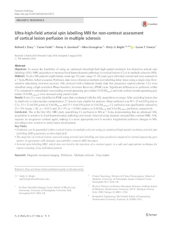 Ultra-high-field arterial spin labeling MRI for non-contrast assessment of cortical lesion perfusion in multiple sclerosis Thumbnail