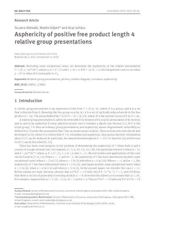 Asphericity of positive free product length 4 relative group presentations Thumbnail