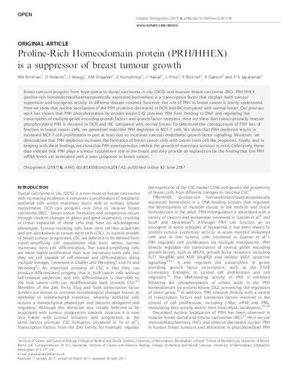 Proline-rich homeodomain protein (PRH/HHEX) is a suppressor of breast tumour growth Thumbnail