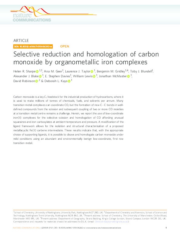 Selective reduction and homologation of carbon monoxide by organometallic iron complexes Thumbnail