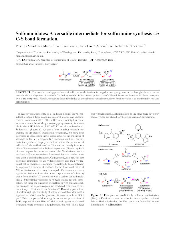 Sulfonimidates: useful synthetic intermediates for sulfoximine synthesis via C–S bond formation Thumbnail