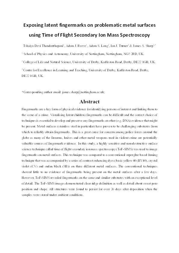 Exposing latent fingermarks on problematic metal surfaces using time of flight secondary ion mass spectroscopy Thumbnail