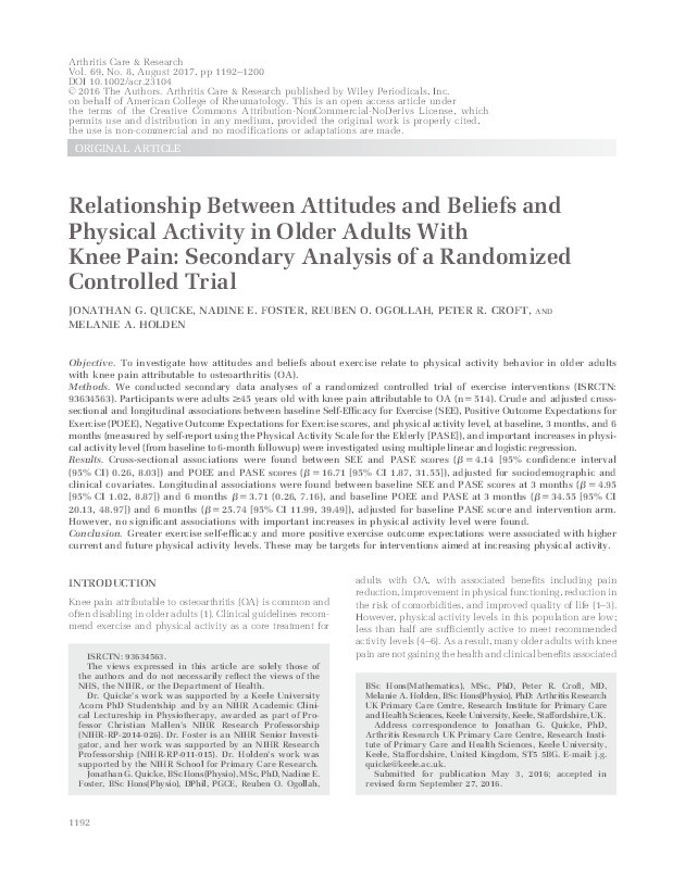 Relationship Between Attitudes and Beliefs and Physical Activity in Older Adults With Knee Pain: Secondary Analysis of a Randomized Controlled Trial: Attitudes About Physical Activity in Older Adults With Knee Pain Thumbnail