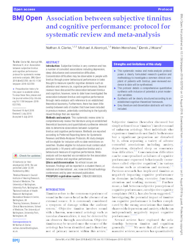 Association between subjective tinnitus and cognitive performance: protocol for systematic review and meta-analysis Thumbnail