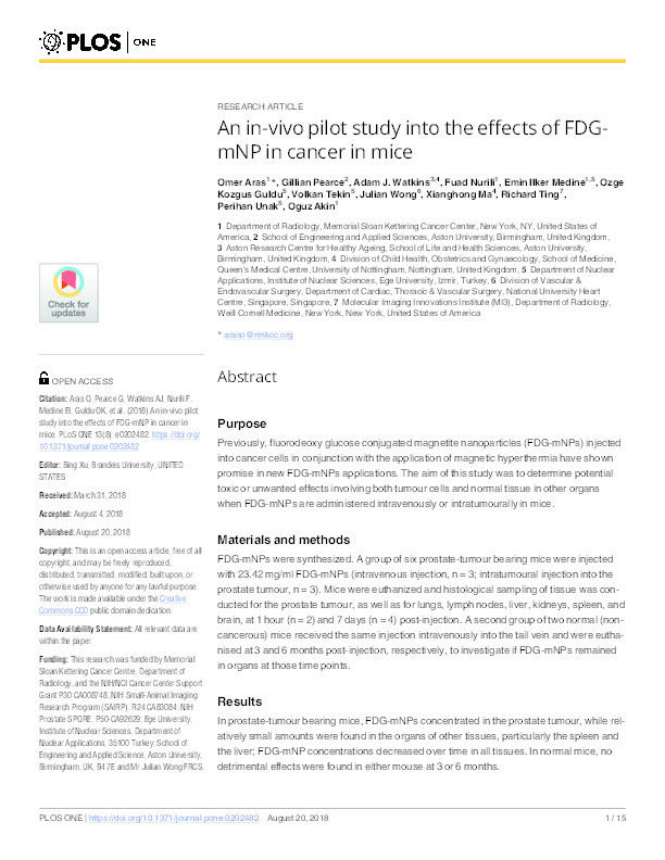 An in-vivo pilot study into the effects of FDG-mNP in cancer in mice Thumbnail