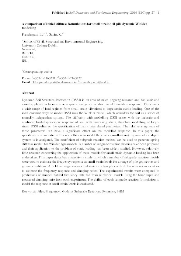 A comparison of initial stiffness formulations for small-strain soil–pile dynamic Winkler modelling Thumbnail