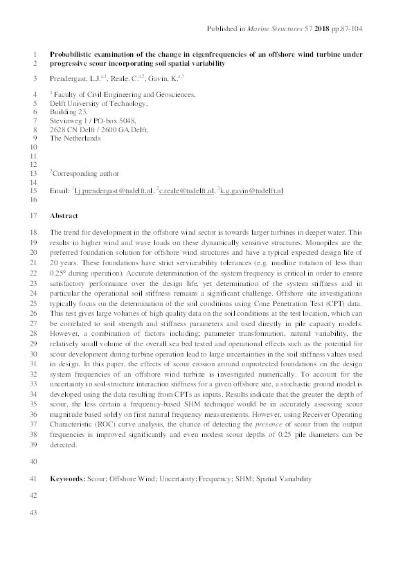 Probabilistic examination of the change in eigenfrequencies of an offshore wind turbine under progressive scour incorporating soil spatial variability Thumbnail