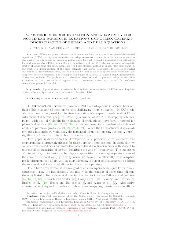 A-posteriori error estimation and adaptivity for nonlinear parabolic equations using IMEX-Galerkin discretization of primal and dual equations Thumbnail