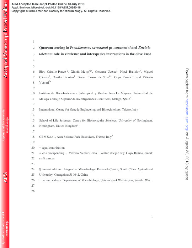 Quorum sensing in Pseudomonas savastanoi pv. savastanoi and Erwinia toletana: role in virulence and interspecies interactions in the olive knot Thumbnail