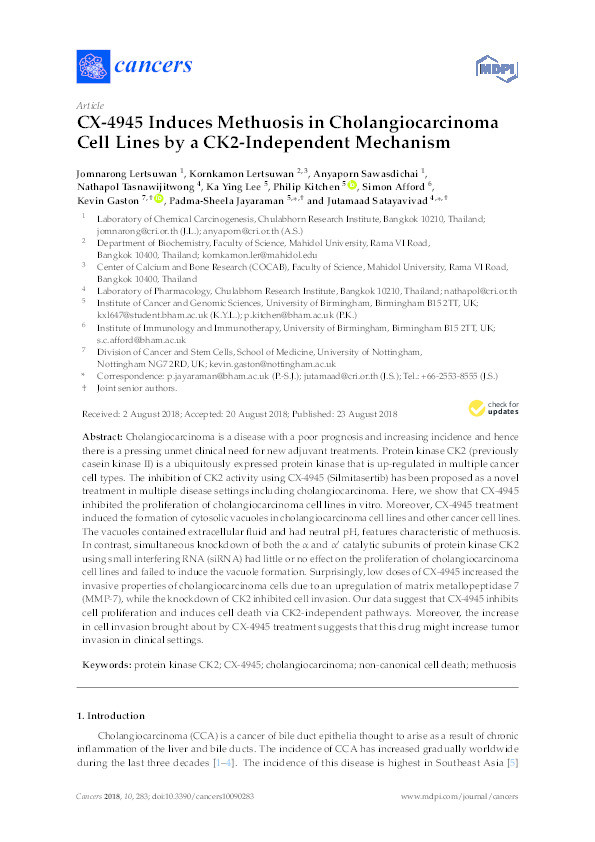 CX-4945 induces methuosis in cholangiocarcinoma cell lines by a CK2-independent mechanism Thumbnail